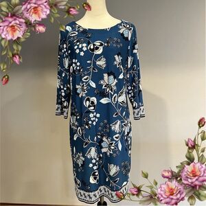 Boat neckline floral teal long sleeve knee length dress size PL
